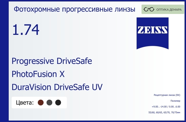 img_1063101 Фотохромная прогрессивная линза для очков Carl Zeiss Progressive DriveSafe 1.74 PhotoFusion X DuraVision DriveSafe UV, Sph 9.00 — -14.00, Cyl 0.00 — 6.00 — изображение 1