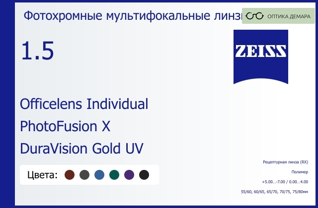 img_1063207 Офисная линза для очков Carl Zeiss Officelens Individual 1.5 PhotoFusion X DuraVision Gold UV, рецептурная, Sph 5.00 — -7.00, Cyl 0.00 — 4.00 — изображение 1