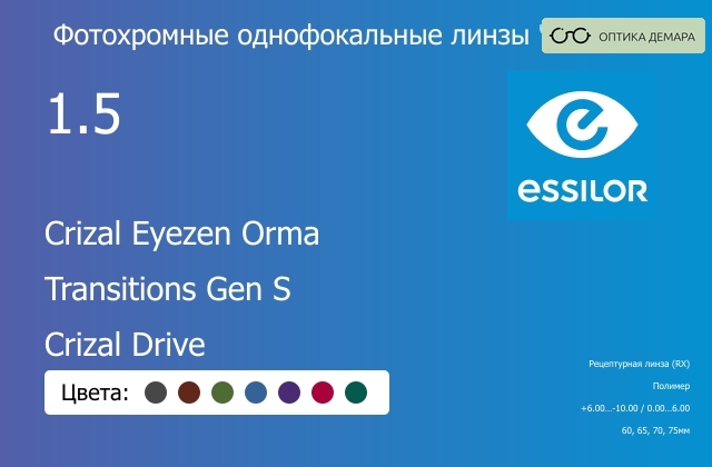 img_1114402 Фотохромная линза для очков с поддержкой аккомодации Essilor Crizal Eyezen Orma 1.5 Transitions Gen S Crizal Drive, рецептурная, Sph 6.00 — -10.00, Cyl 0.00 — 6.00 — изображение 1