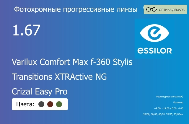 img_581248 Фотохромная прогрессивная линза для очков Essilor Varilux Comfort Max f-360 Stylis 1.67 Transitions XTRActive NG Crizal Easy Pro, Sph 9.00 — -14.00, Cyl 0.00 — 6.00 — изображение 1