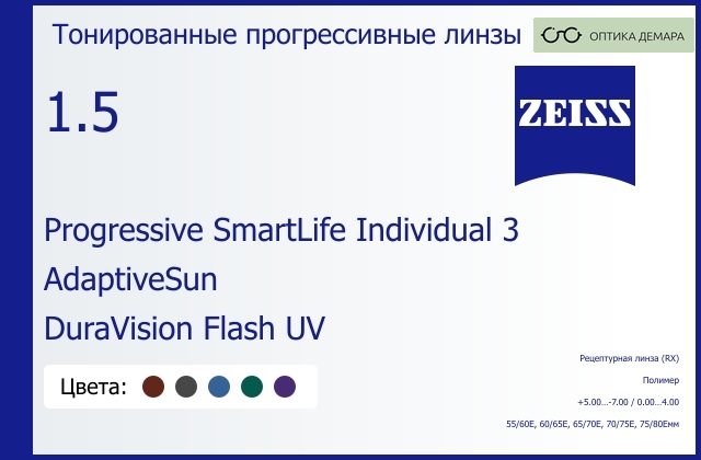 img_590104 Тонированная прогрессивная линза для очков Carl Zeiss Progressive SmartLife Individual 3 1.5 AdaptiveSun DuraVision Flash UV, Sph 5.00 — -7.00, Cyl 0.00 — 4.00 — изображение 1