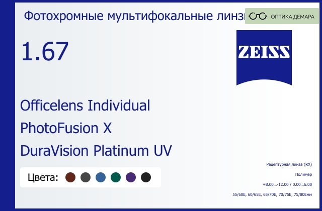 img_591033 Офисная линза для очков Carl Zeiss Officelens Individual 1.67 PhotoFusion X DuraVision Platinum UV, рецептурная, Sph 8.00 — -12.00, Cyl 0.00 — 6.00 — изображение 1