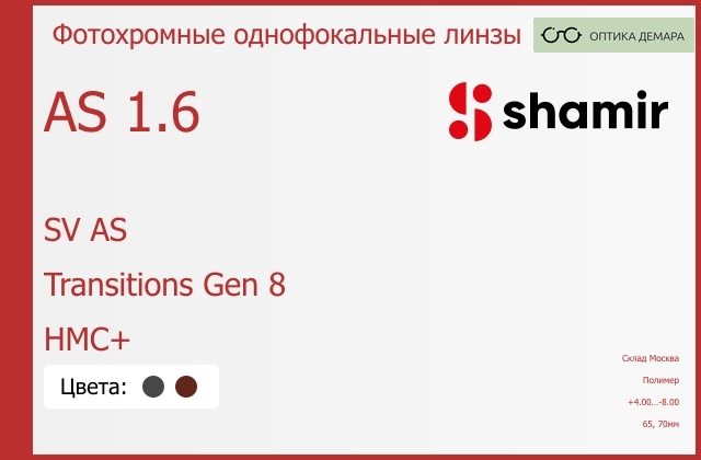 img_753921 Фотохромная линза для очков Shamir SV AS 1.6 AS Transitions Gen 8 HMC+, Sph 4.00 — -8.00 — изображение 1