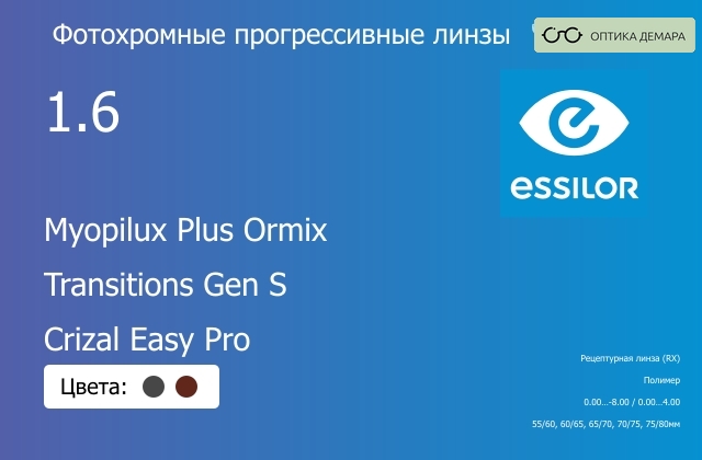 img_893783 Фотохромная прогрессивная линза для очков Essilor Myopilux Plus Ormix 1.6 Transitions Gen S Crizal Easy Pro, Sph 0.00 — -8.00, Cyl 0.00 — 4.00 — изображение 1