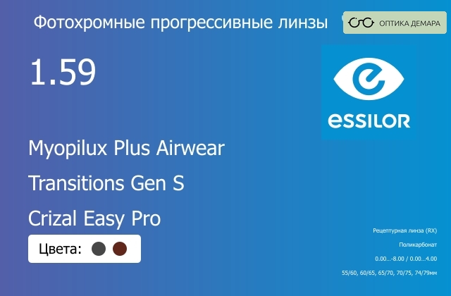 img_893787 Фотохромная прогрессивная линза для очков из поликарбоната Essilor Myopilux Plus Airwear 1.59 Transitions Gen S Crizal Easy Pro, Sph 0.00 — -8.00, Cyl 0.00 — 4.00 — изображение 1
