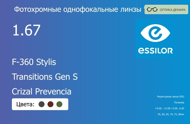 img_893795 Фотохромная линза для очков Essilor F-360 Stylis 1.67 Transitions Gen S Crizal Prevencia, рецептурная, Sph 9.00 — -13.00, Cyl 0.00 — 6.00 — изображение 1