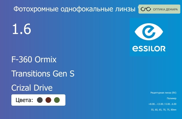 img_893799 Фотохромная линза для очков Essilor F-360 Ormix 1.6 Transitions Gen S Crizal Drive, рецептурная, Sph 8.00 — -13.00, Cyl 0.00 — 6.00 — изображение 1