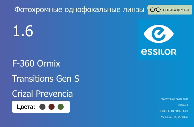 img_893803 Фотохромная линза для очков Essilor F-360 Ormix 1.6 Transitions Gen S Crizal Prevencia, рецептурная, Sph 8.00 — -13.00, Cyl 0.00 — 6.00 — изображение 1