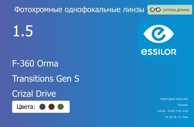 img_893807 Фотохромная линза для очков Essilor F-360 Orma 1.5 Transitions Gen S Crizal Drive, рецептурная, Sph 10.00 — -12.00, Cyl 0.00 — 6.00 — изображение 1