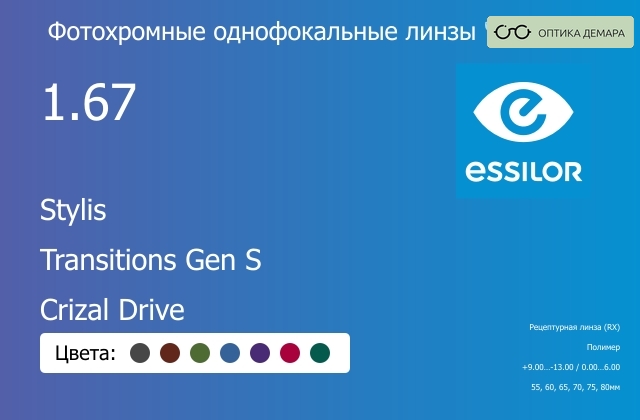 img_893849 Фотохромная линза для очков Essilor Stylis 1.67 Transitions Gen S Crizal Drive, рецептурная, Sph 9.00 — -13.00, Cyl 0.00 — 6.00 — изображение 1
