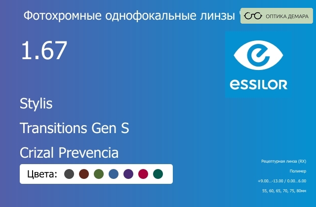 img_893853 Фотохромная линза для очков Essilor Stylis 1.67 Transitions Gen S Crizal Prevencia, рецептурная, Sph 9.00 — -13.00, Cyl 0.00 — 6.00 — изображение 1
