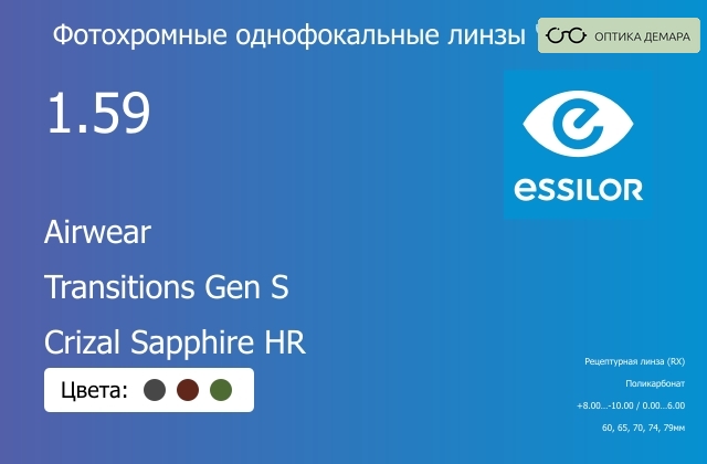 img_893867 Фотохромная линза для очков из поликарбоната Essilor Airwear 1.59 Transitions Gen S Crizal Sapphire HR, рецептурная, Sph 8.00 — -10.00, Cyl 0.00 — 6.00 — изображение 1