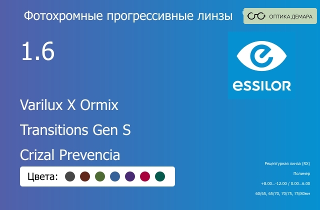 img_893919 Фотохромная прогрессивная линза для очков Essilor Varilux X Ormix 1.6 Transitions Gen S Crizal Prevencia, Sph 8.00 — -12.00, Cyl 0.00 — 6.00 — изображение 1