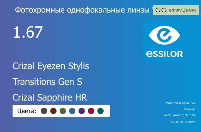 img_894079 Фотохромная линза для очков с поддержкой аккомодации Essilor Crizal Eyezen Stylis 1.67 Transitions Gen S Crizal Sapphire HR, рецептурная, Sph 9.00 — -14.00, Cyl 0.00 — 6.00 — изображение 1