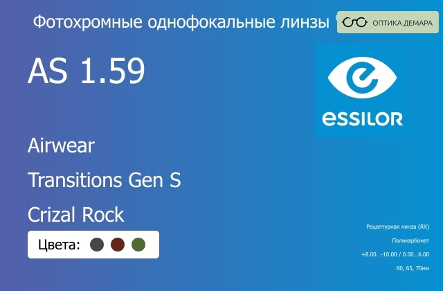 img_894105 Фотохромная линза для очков из поликарбоната Essilor Airwear 1.59 AS Transitions Gen S Crizal Rock, рецептурная, Sph 8.00 — -10.00, Cyl 0.00 — 6.00 — изображение 1