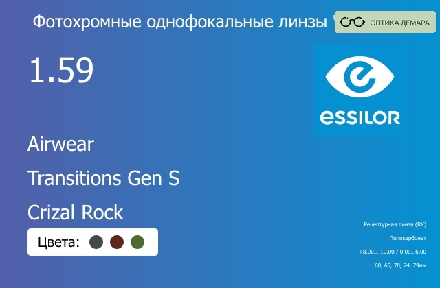 img_894111 Фотохромная линза для очков из поликарбоната Essilor Airwear 1.59 Transitions Gen S Crizal Rock, рецептурная, Sph 8.00 — -10.00, Cyl 0.00 — 6.00 — изображение 1