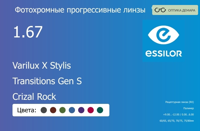 img_894171 Фотохромная прогрессивная линза для очков Essilor Varilux X Stylis 1.67 Transitions Gen S Crizal Rock, Sph 9.00 — -12.00, Cyl 0.00 — 6.00 — изображение 1