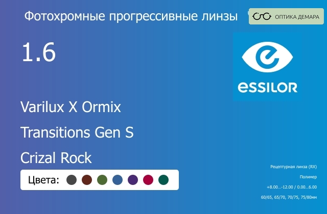 img_894173 Фотохромная прогрессивная линза для очков Essilor Varilux X Ormix 1.6 Transitions Gen S Crizal Rock, Sph 8.00 — -12.00, Cyl 0.00 — 6.00 — изображение 1