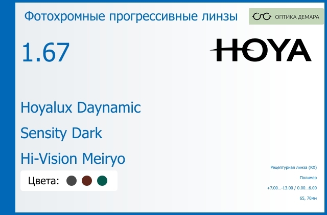 img_945147 Фотохромная прогрессивная линза для очков Hoya Hoyalux Daynamic 1.67 Sensity Dark Hi-Vision Meiryo, Sph 7.00 — -13.00, Cyl 0.00 — 6.00 — изображение 1