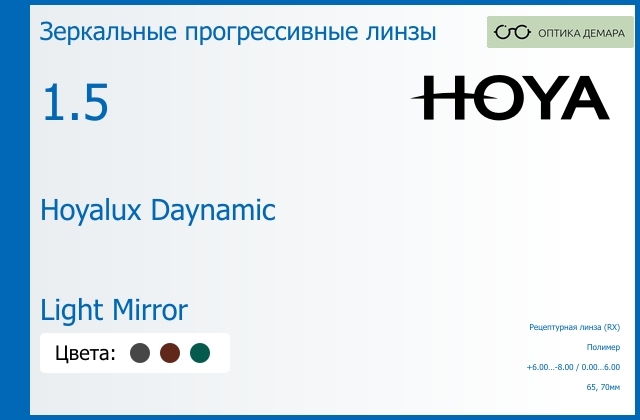 img_945255 Зеркальная прогрессивная линза для очков Hoya Hoyalux Daynamic 1.5 Light Mirror, Sph 6.00 — -8.00, Cyl 0.00 — 6.00 — изображение 1