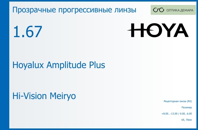 img_945257 Прогрессивная линза для очков Hoya Hoyalux Amplitude Plus 1.67 Hi-Vision Meiryo, Sph 8.00 — -13.00, Cyl 0.00 — 6.00 — изображение 1