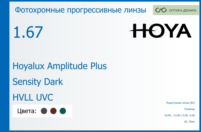 img_945283 Фотохромная прогрессивная линза для очков Hoya Hoyalux Amplitude Plus 1.67 Sensity Dark HVLL UVC, Sph 8.00 — -13.00, Cyl 0.00 — 6.00 — изображение 1