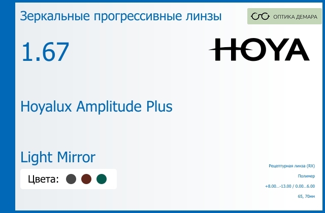 img_945289 Зеркальная прогрессивная линза для очков Hoya Hoyalux Amplitude Plus 1.67 Light Mirror, Sph 8.00 — -13.00, Cyl 0.00 — 6.00 — изображение 1