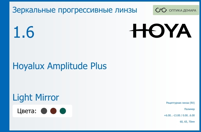 img_945333 Зеркальная прогрессивная линза для очков Hoya Hoyalux Amplitude Plus 1.6 Light Mirror, Sph 6.00 — -13.00, Cyl 0.00 — 6.00 — изображение 1