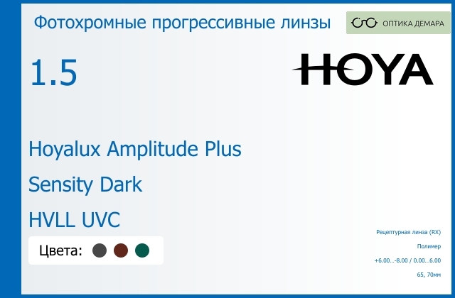 img_945397 Фотохромная прогрессивная линза для очков Hoya Hoyalux Amplitude Plus 1.5 Sensity Dark HVLL UVC, Sph 6.00 — -8.00, Cyl 0.00 — 6.00 — изображение 1