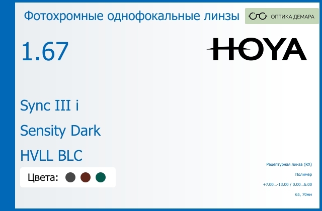 img_945729 Фотохромная линза для очков с поддержкой аккомодации Hoya Sync III i 1.67 Sensity Dark HVLL BLC, рецептурная, Sph 7.00 — -13.00, Cyl 0.00 — 6.00 — изображение 1