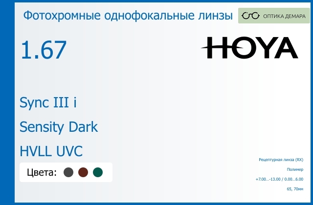 img_945731 Фотохромная линза для очков с поддержкой аккомодации Hoya Sync III i 1.67 Sensity Dark HVLL UVC, рецептурная, Sph 7.00 — -13.00, Cyl 0.00 — 6.00 — изображение 1