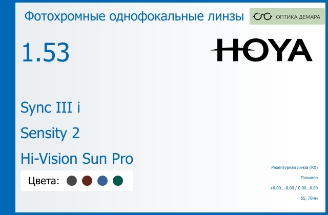 img_945791 Фотохромная линза для очков с поддержкой аккомодации Hoya Sync III i 1.53 Sensity 2 Hi-Vision Sun Pro, рецептурная, Sph 6.00 — -8.00, Cyl 0.00 — 6.00 — изображение 1