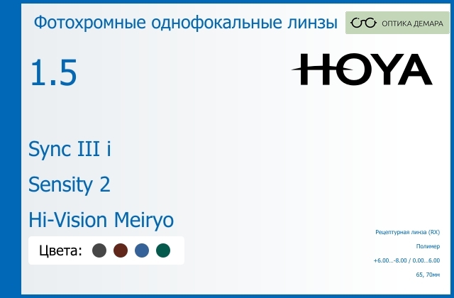 img_945807 Фотохромная линза для очков с поддержкой аккомодации Hoya Sync III i 1.5 Sensity 2 Hi-Vision Meiryo, рецептурная, Sph 6.00 — -8.00, Cyl 0.00 — 6.00 — изображение 1