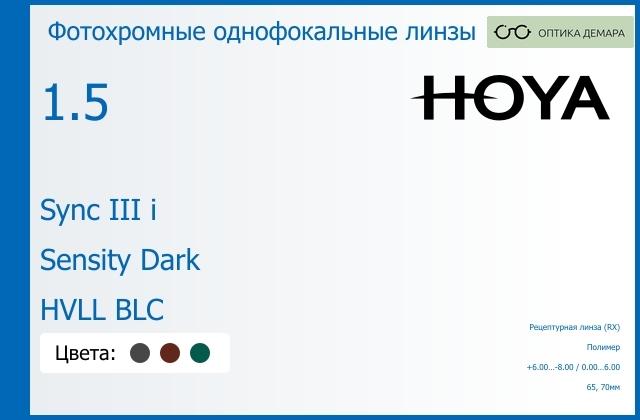 img_945817 Фотохромная линза для очков с поддержкой аккомодации Hoya Sync III i 1.5 Sensity Dark HVLL BLC, рецептурная, Sph 6.00 — -8.00, Cyl 0.00 — 6.00 — изображение 1