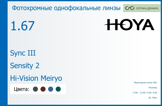 img_945857 Фотохромная линза для очков с поддержкой аккомодации Hoya Sync III 1.67 Sensity 2 Hi-Vision Meiryo, рецептурная, Sph 7.00 — -13.00, Cyl 0.00 — 6.00 — изображение 1