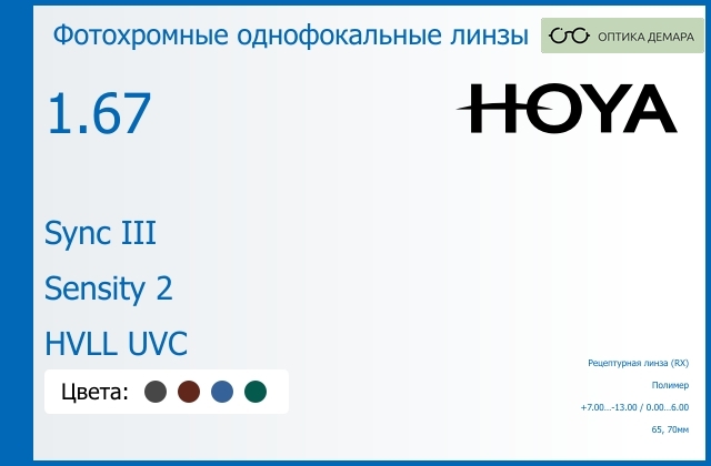img_945861 Фотохромная линза для очков с поддержкой аккомодации Hoya Sync III 1.67 Sensity 2 HVLL UVC, рецептурная, Sph 7.00 — -13.00, Cyl 0.00 — 6.00 — изображение 1