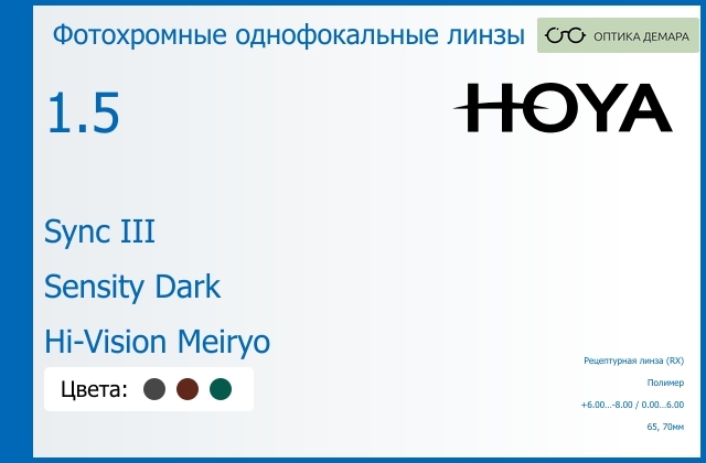 img_945953 Фотохромная линза для очков с поддержкой аккомодации Hoya Sync III 1.5 Sensity Dark Hi-Vision Meiryo, рецептурная, Sph 6.00 — -8.00, Cyl 0.00 — 6.00 — изображение 1