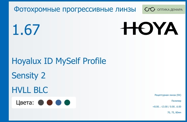 img_951339 Фотохромная прогрессивная линза для очков Hoya Hoyalux ID MySelf Profile 1.67 Sensity 2 HVLL BLC, Sph 8.00 — -13.00, Cyl 0.00 — 6.00 — изображение 1